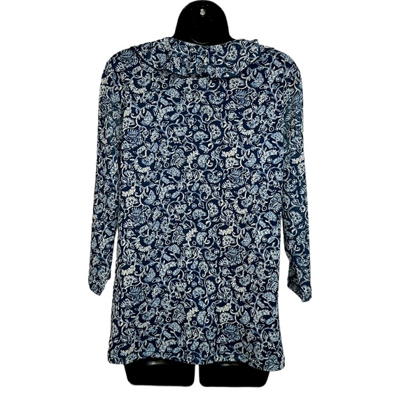 Chaps Denim Blue & White Paisley Ruffle Collar Lace-up neck 3/4 Sleeve Top Sz XL - Picture 8 of 9